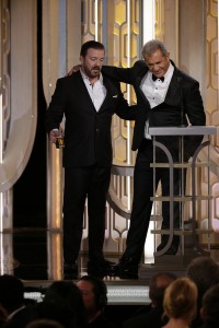 73rd ANNUAL GOLDEN GLOBE AWARDS -- Pictured: (l-r) Ricky Gervais, Host; Mel Gibson, Presenter at the 73rd Annual Golden Globe Awards held at the Beverly Hilton Hotel on January 10, 2016 -- (Photo by: Paul Drinkwater/NBC)