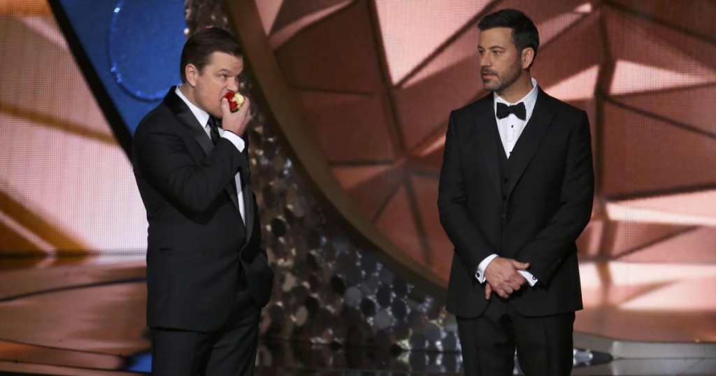 Actor Matt Damon (L) jokes around with show host Jimmy Kimmel at the 68th Primetime Emmy Awards in Los Angeles, California, U.S., September 18, 2016. REUTERS/Mike Blake